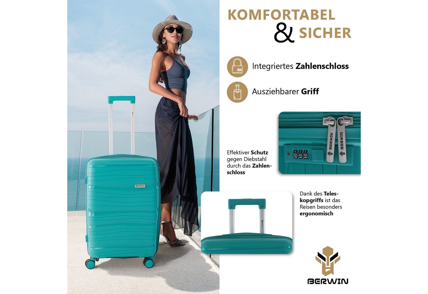 Berwin Trolleyset mit Beautycase Modell Torna Aqua Breeze, 4 Rollen, (Set, 4 tlg., MS-19816)