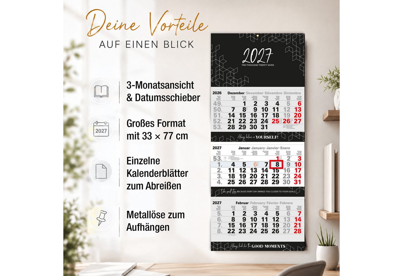 TOBJA Wandkalender 3 Monatskalender 2027 Block Premium 33x77 Motivation Metallöse FSC, Block-Format, Motivations-Sprüche, 33x77 cm, Metallöse, DE/EN/FR/ES