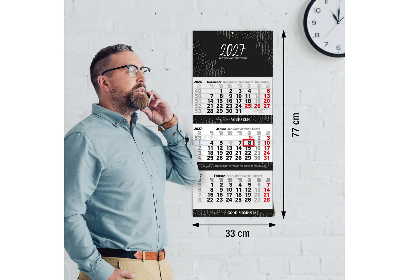 TOBJA Wandkalender 3 Monatskalender 2027 Block Premium 33x77 Motivation Metallöse FSC, Block-Format, Motivations-Sprüche, 33x77 cm, Metallöse, DE/EN/FR/ES Bild 2