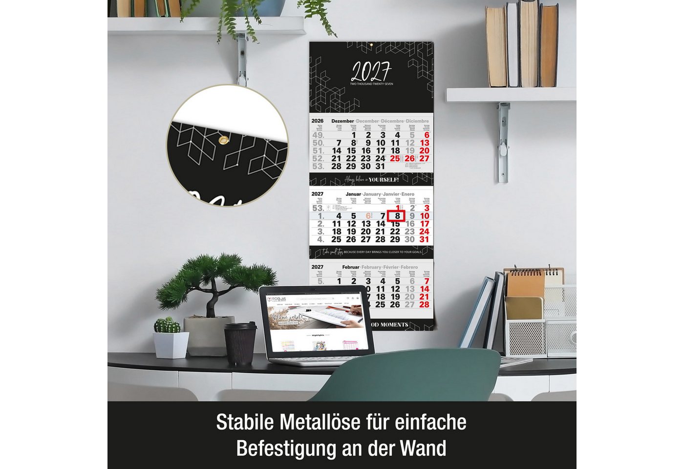 TOBJA Wandkalender 3 Monatskalender 2027 Block Premium 33x77 Motivation Metallöse FSC, Block-Format, Motivations-Sprüche, 33x77 cm, Metallöse, DE/EN/FR/ES Bild 3
