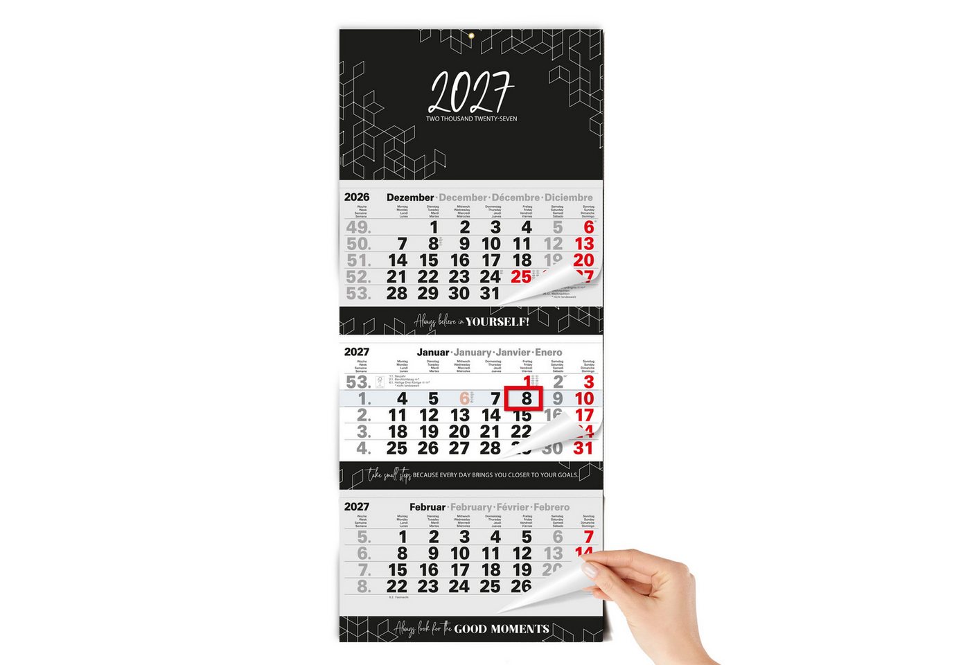TOBJA Wandkalender 3 Monatskalender 2027 Block Premium 33x77 Motivation Metallöse FSC, Block-Format, Motivations-Sprüche, 33x77 cm, Metallöse, DE/EN/FR/ES Bild 4