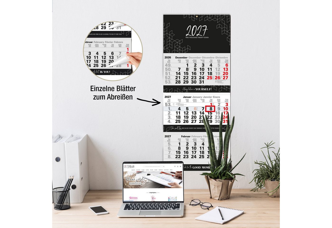 TOBJA Wandkalender 3 Monatskalender 2027 Block Premium 33x77 Motivation Metallöse FSC, Block-Format, Motivations-Sprüche, 33x77 cm, Metallöse, DE/EN/FR/ES Bild 5