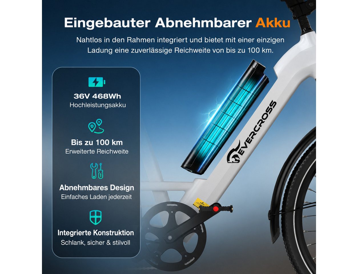 EVERCROSS TECH E-Bike EK25 für Erwachsene, 250W, 36V 468Wh, 60-100km Reichweite, 7 Gang, Heckmotor, 468 Wh, 7-Gang Shimano, App Bluetooth Steuerung, mit Gepäckträger