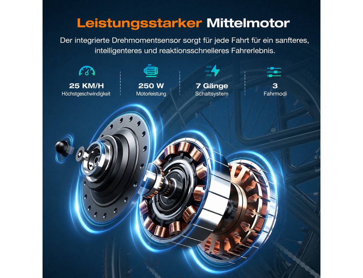 EVERCROSS TECH E-Bike EK25 für Erwachsene, 250W, 36V 468Wh, 60-100km Reichweite, 7 Gang, Heckmotor, 468 Wh, 7-Gang Shimano, App Bluetooth Steuerung, mit Gepäckträger Bild 3