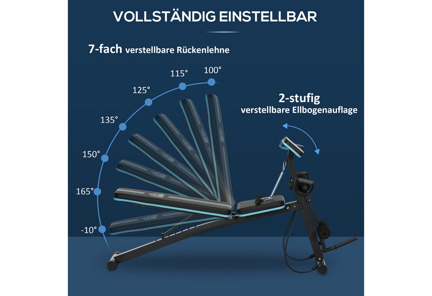 HOMCOM Hantelbank mit 7-fach verstellbarer Rückenlehne, (Multifunktion Trainingsbank, 1-tlg., Klappbar Fitnessbank), für Zuhause, Bizeps-Curls, Langhantel, Stahl, Blau Bild 2