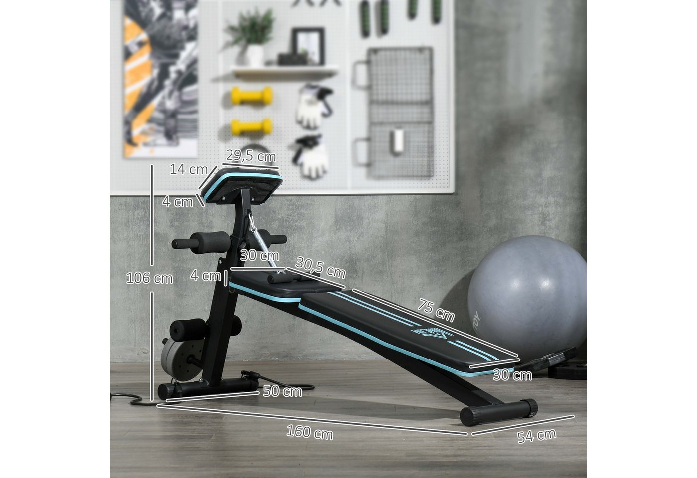 HOMCOM Hantelbank mit 7-fach verstellbarer Rückenlehne, (Multifunktion Trainingsbank, 1-tlg., Klappbar Fitnessbank), für Zuhause, Bizeps-Curls, Langhantel, Stahl, Blau Bild 3