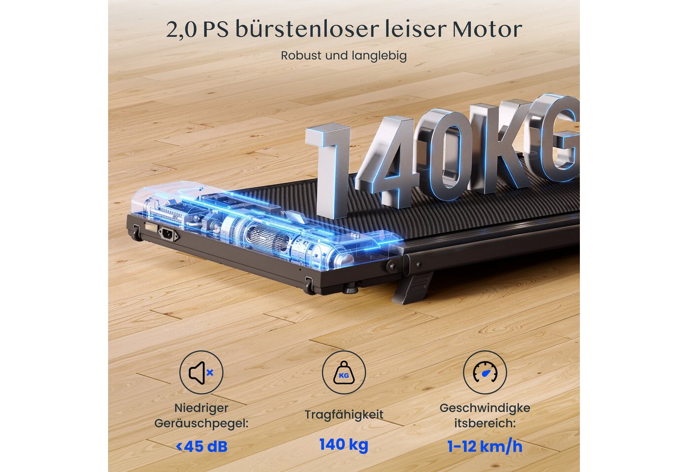 FLEXISPOT Laufband Klappbares Walking Pad DynamiX 1-12 km/h, MAX 140KG (LED-Display&Kabellose Fernbedienung, Leiser bürstenloser Motor, rutschfest & gedämpft), Mit Schmiermitteln, für Zuhause & Homeoffice Bild 4