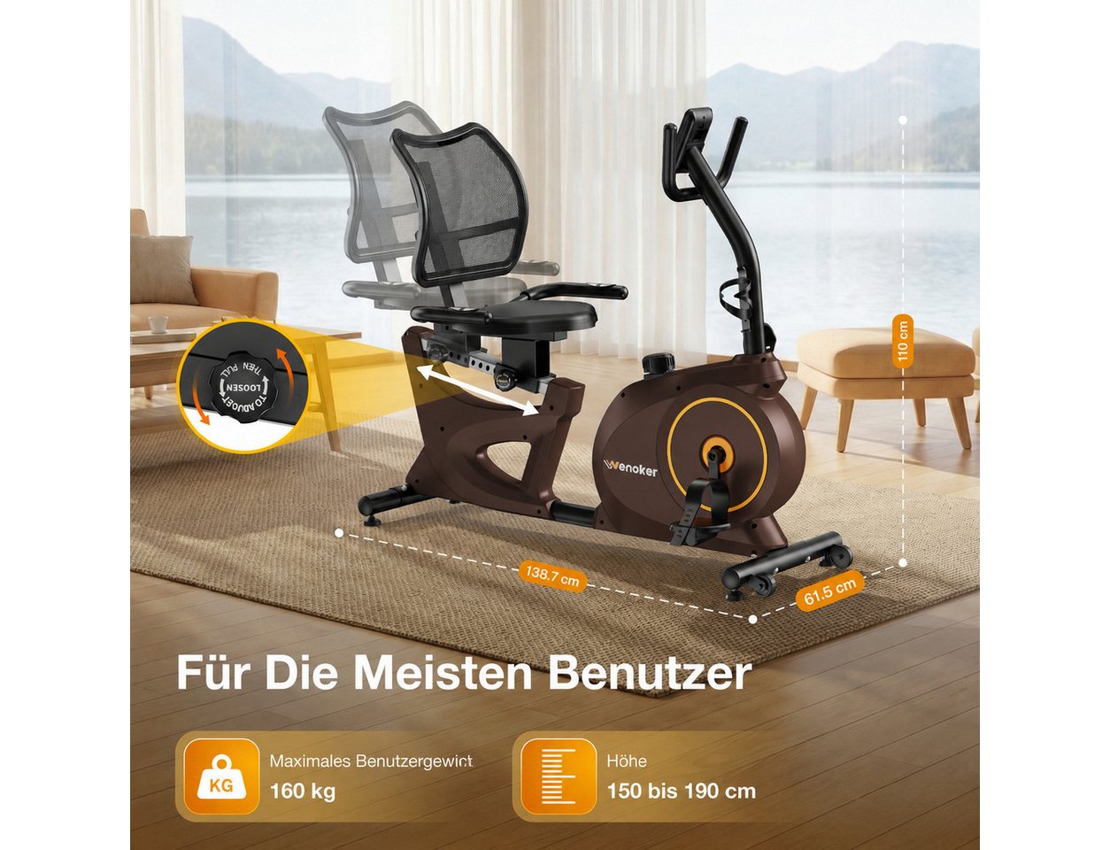 Wenoker Heimtrainer App-kompatibler Liege-Heimtrainer mit 15-stufigem Magnetwiderstand (1-tlg., kompatibel mit Fitness-Apps, ausgestattet mit integriertem Pulsfühler), Ultra-leise Magnetbremse, atmungsaktive Rückenlehne, LCD-Display