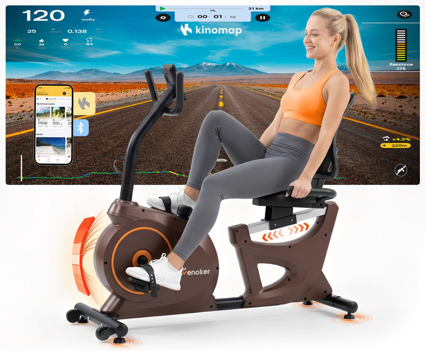 Wenoker Heimtrainer App-kompatibler Liege-Heimtrainer mit 15-stufigem Magnetwiderstand (1-tlg., kompatibel mit Fitness-Apps, ausgestattet mit integriertem Pulsfühler), Ultra-leise Magnetbremse, atmungsaktive Rückenlehne, LCD-Display Bild 3