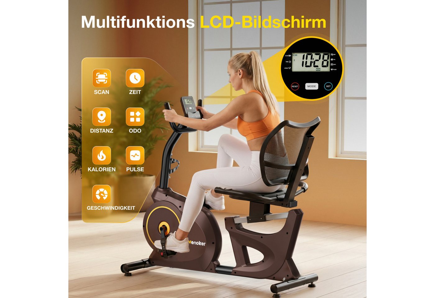 Wenoker Heimtrainer App-kompatibler Liege-Heimtrainer mit 15-stufigem Magnetwiderstand (1-tlg., kompatibel mit Fitness-Apps, ausgestattet mit integriertem Pulsfühler), Ultra-leise Magnetbremse, atmungsaktive Rückenlehne, LCD-Display Bild 4