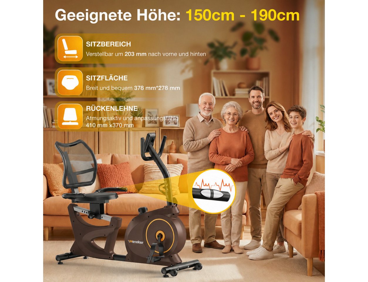 Wenoker Heimtrainer App-kompatibler Liege-Heimtrainer mit 15-stufigem Magnetwiderstand (1-tlg., kompatibel mit Fitness-Apps, ausgestattet mit integriertem Pulsfühler), Ultra-leise Magnetbremse, atmungsaktive Rückenlehne, LCD-Display Bild 5
