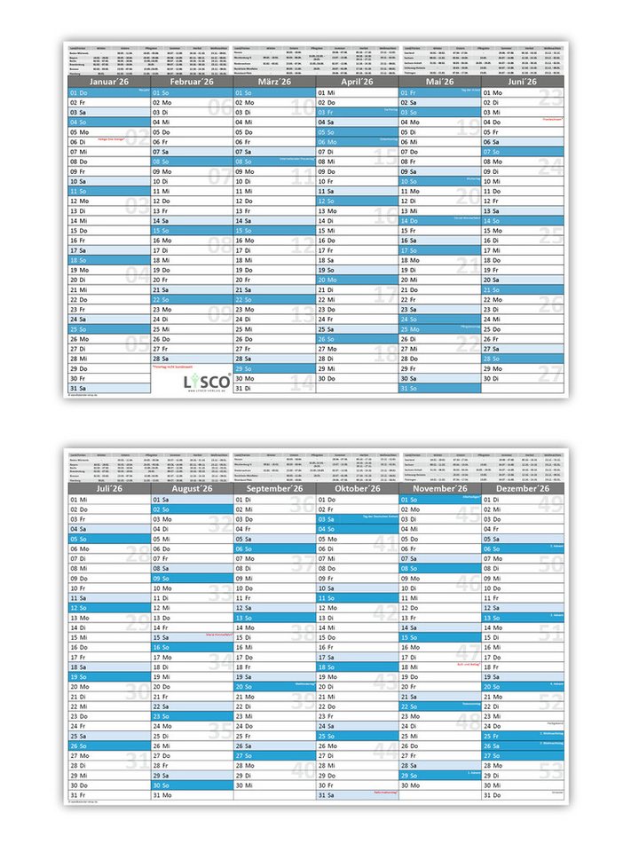 LYSCO Tischkalender Tafelkalender 2026 - DIN A3 / A4 / A5 300g Papier, Tafelkalender für das Jahr 2026 in verschiedenen Stückzahlen und Formaten, sehr gut beschreibbar