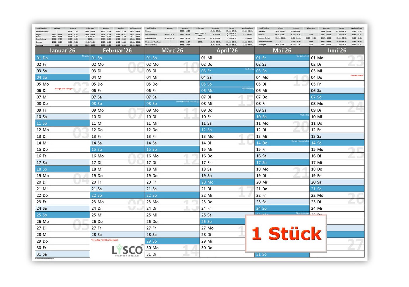 LYSCO Tischkalender Tafelkalender 2026 - DIN A3 / A4 / A5 300g Papier, Tafelkalender für das Jahr 2026 in verschiedenen Stückzahlen und Formaten, sehr gut beschreibbar Bild 3