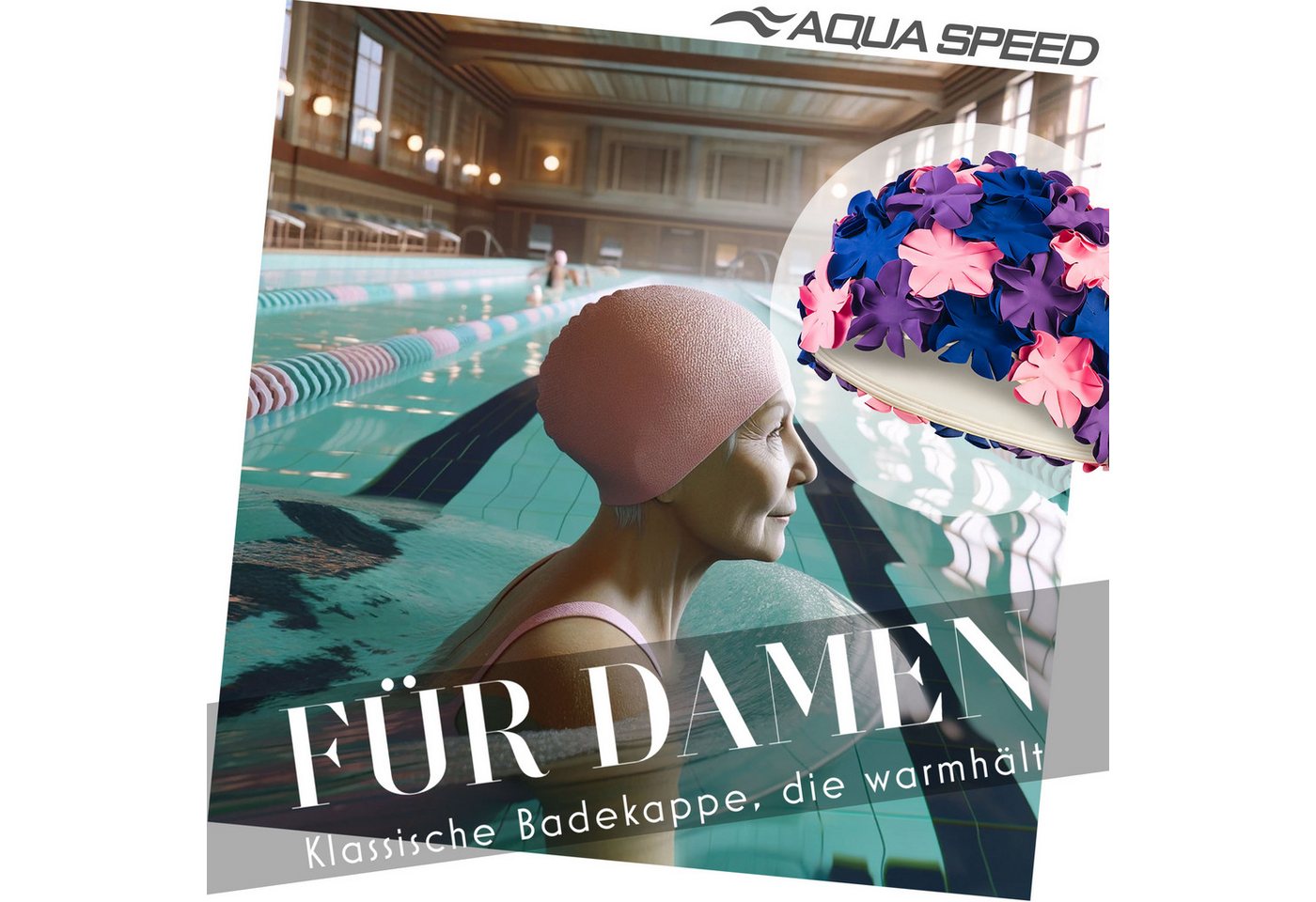 Aqua Speed Badekappe Badekappe mit 3D-Blüten Weich & komfortabel Aqua-Gym, Hautfreundlich & sanft – Retro-Optik mit applizierten Blüten