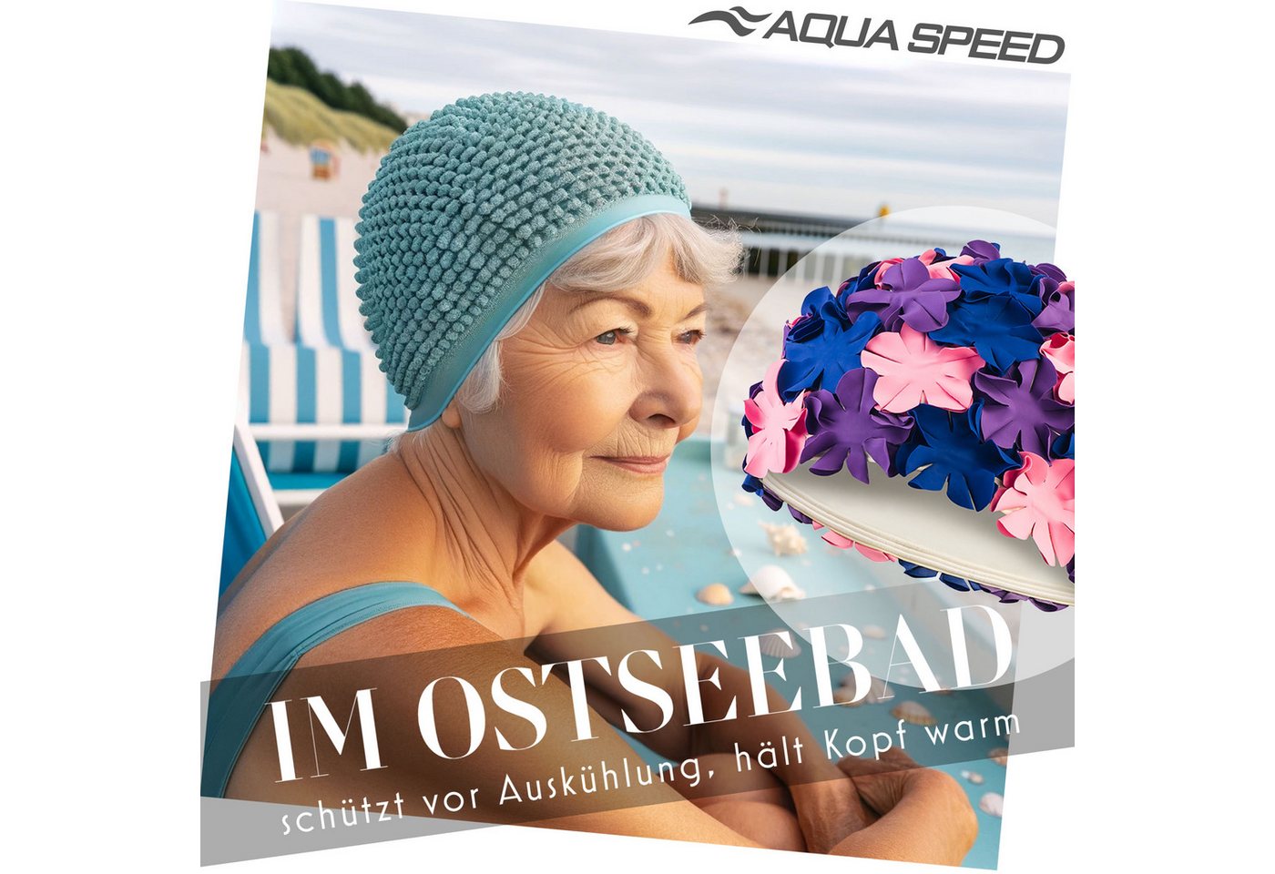 Aqua Speed Badekappe Badekappe mit 3D-Blüten Weich & komfortabel Aqua-Gym, Hautfreundlich & sanft – Retro-Optik mit applizierten Blüten Bild 2