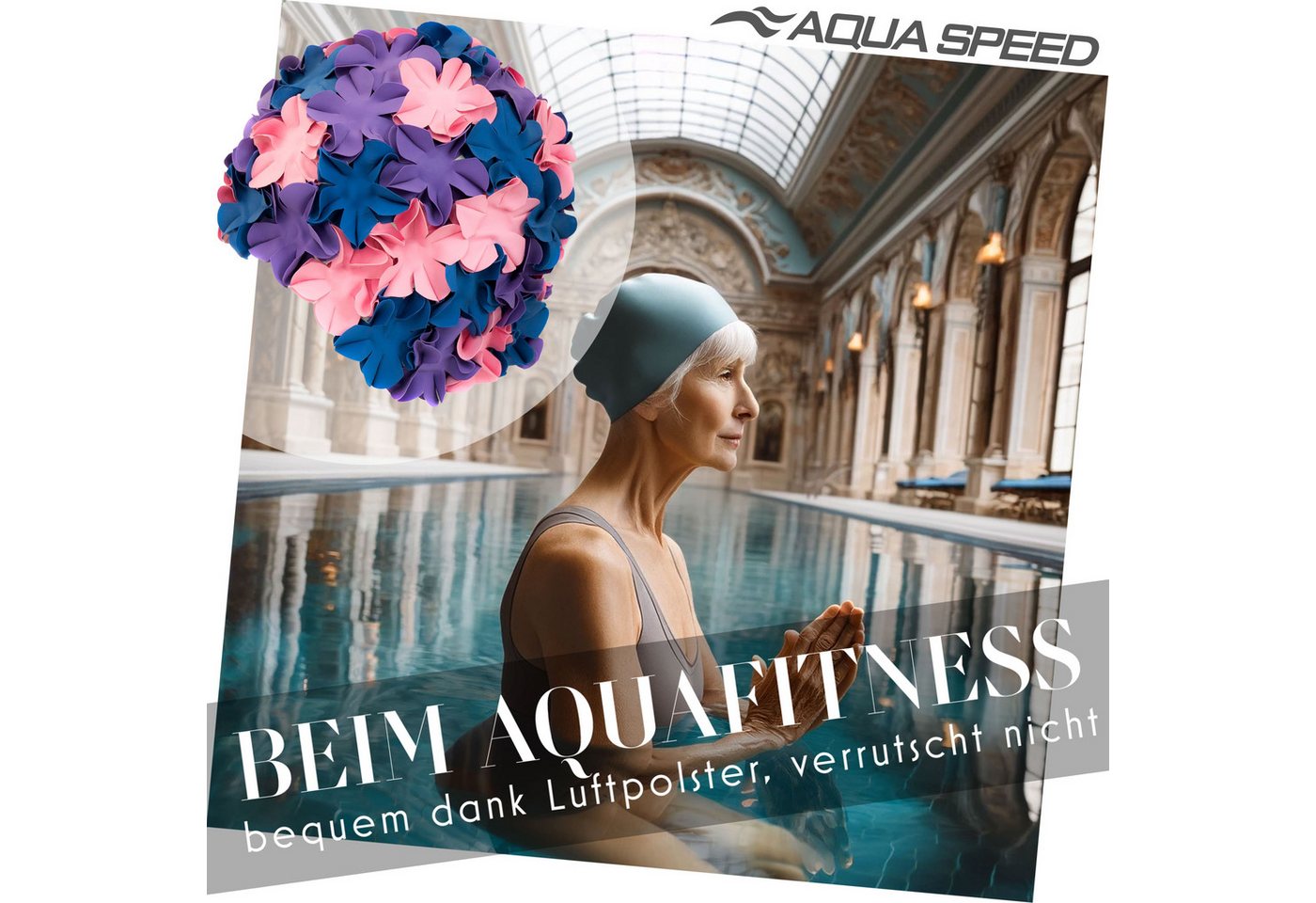 Aqua Speed Badekappe Badekappe mit 3D-Blüten Weich & komfortabel Aqua-Gym, Hautfreundlich & sanft – Retro-Optik mit applizierten Blüten Bild 5