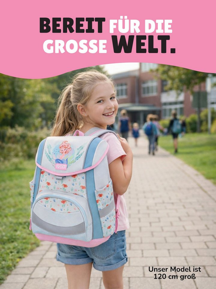Familando Schulranzen Meerjungfrau Schultasche 1. Klasse, leicht, kompakt, ergonomisch (Set, 5-tlg., inkl. Federmäppchen, Schlamper & Turnbeutel), höhenverstellbares Rückenpolster, mit Brust- und Beckengurt
