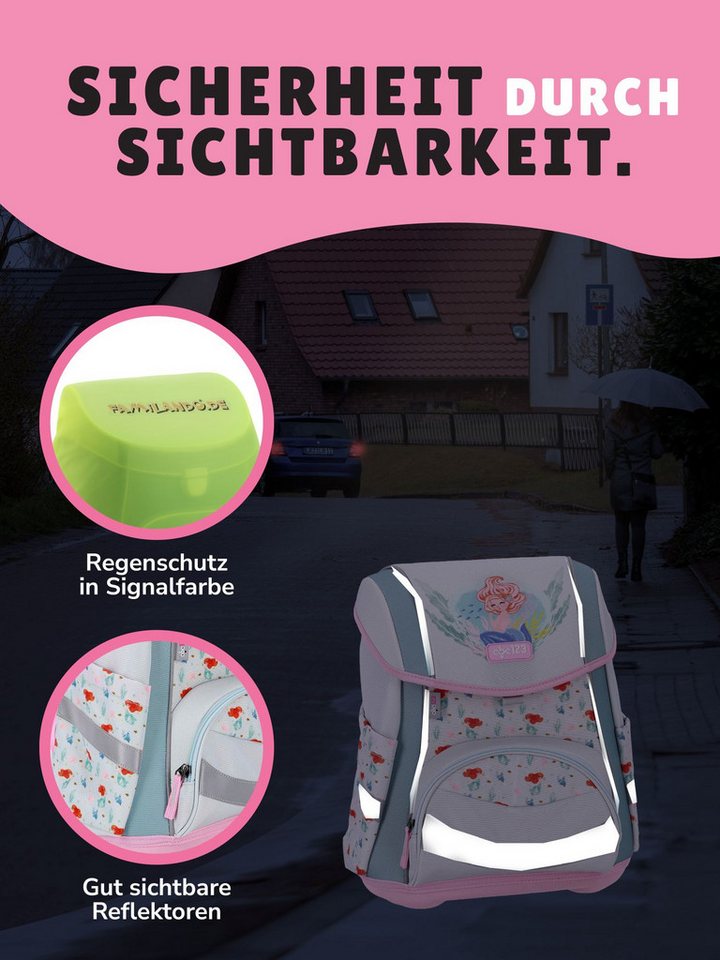 Familando Schulranzen Meerjungfrau Schultasche 1. Klasse, leicht, kompakt, ergonomisch (Set, 5-tlg., inkl. Federmäppchen, Schlamper & Turnbeutel), höhenverstellbares Rückenpolster, mit Brust- und Beckengurt Bild 2