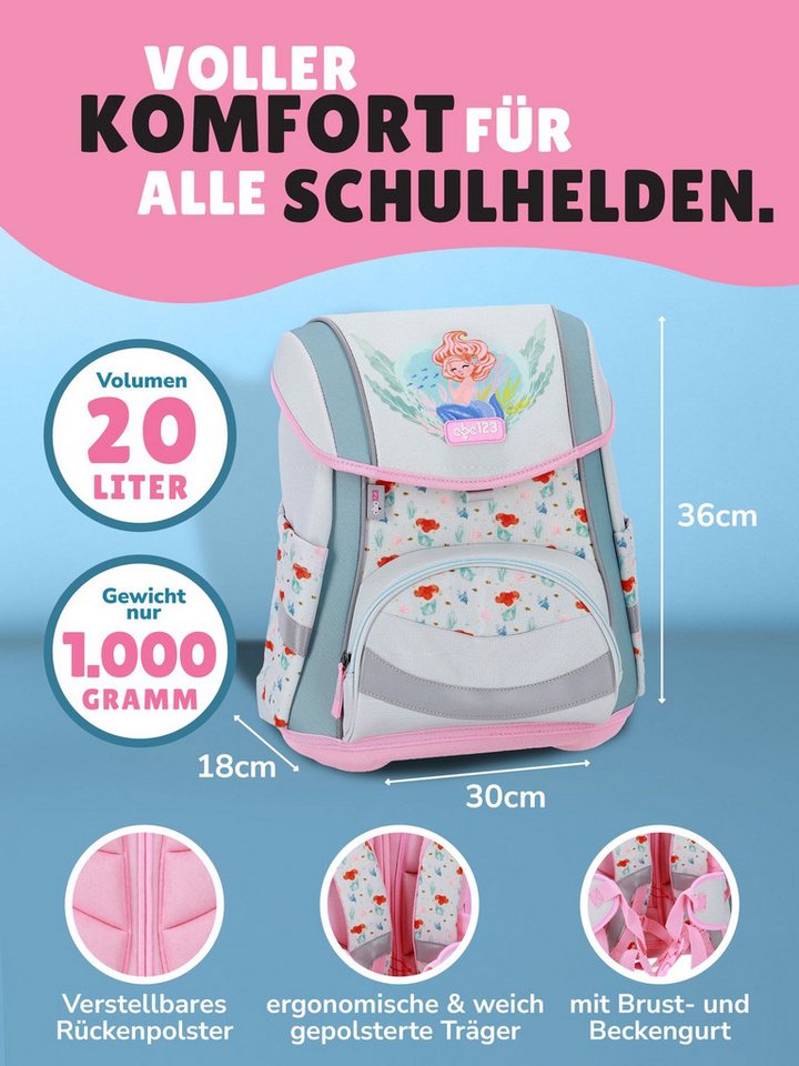 Familando Schulranzen Meerjungfrau Schultasche 1. Klasse, leicht, kompakt, ergonomisch (Set, 5-tlg., inkl. Federmäppchen, Schlamper & Turnbeutel), höhenverstellbares Rückenpolster, mit Brust- und Beckengurt Bild 3