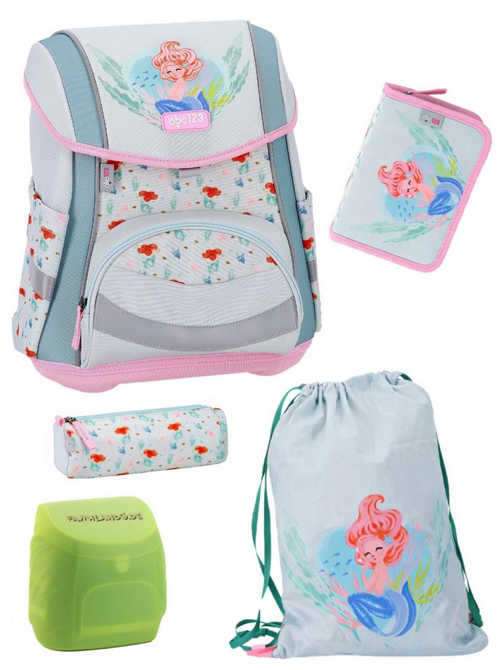 Familando Schulranzen Meerjungfrau Schultasche 1. Klasse, leicht, kompakt, ergonomisch (Set, 5-tlg., inkl. Federmäppchen, Schlamper & Turnbeutel), höhenverstellbares Rückenpolster, mit Brust- und Beckengurt Bild 4