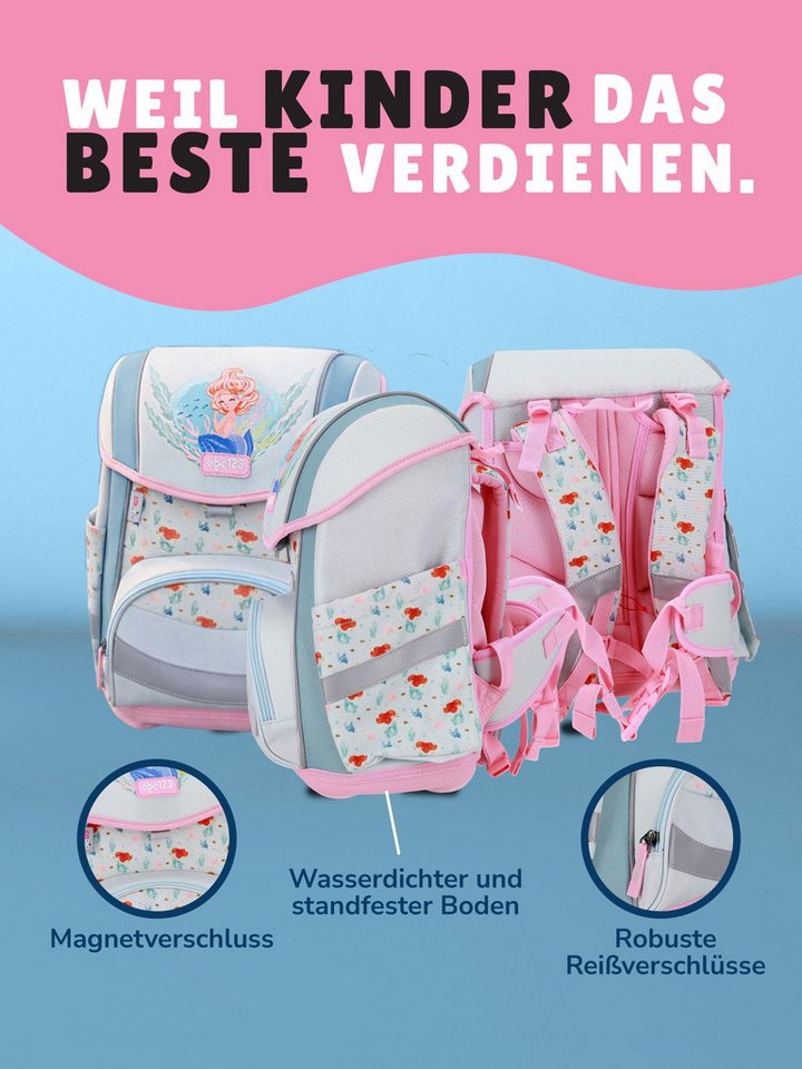 Familando Schulranzen Meerjungfrau Schultasche 1. Klasse, leicht, kompakt, ergonomisch (Set, 5-tlg., inkl. Federmäppchen, Schlamper & Turnbeutel), höhenverstellbares Rückenpolster, mit Brust- und Beckengurt Bild 5