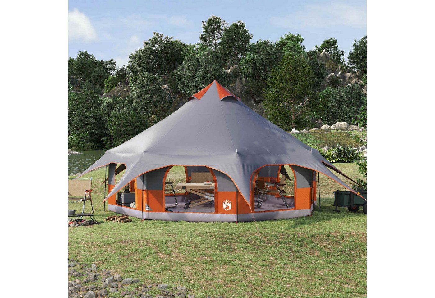furnicato Faltzelt Familienzelt 455x455x286 cm Grau-Orange, (1 tlg), Wetterfestes Campingzelt mit Stahlrahmen und integriertem Mesh-Netz Bild 3
