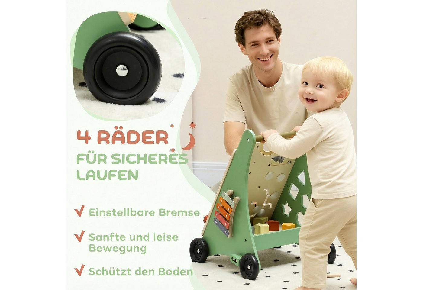 AIYAPLAY Lauflernwagen Montessori Lauflernhilfe mit Geschwindigkeitskontrolle, Xylophon, (Set, 1-tlg., Lauflernwagen mit Formenblöcken), Montessori, einstellbare Radspannung Bild 2