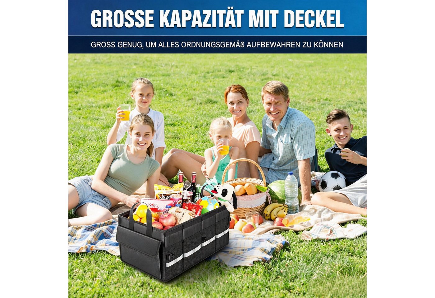 Kityhome Klappbox Auto-Faltbox mit Deckel Kofferraum-Box,60L Kofferraum Organizer, 60 l, 4 seitliche Netztaschen,1 große Seitentasche,Herausnehmbare Trennwände