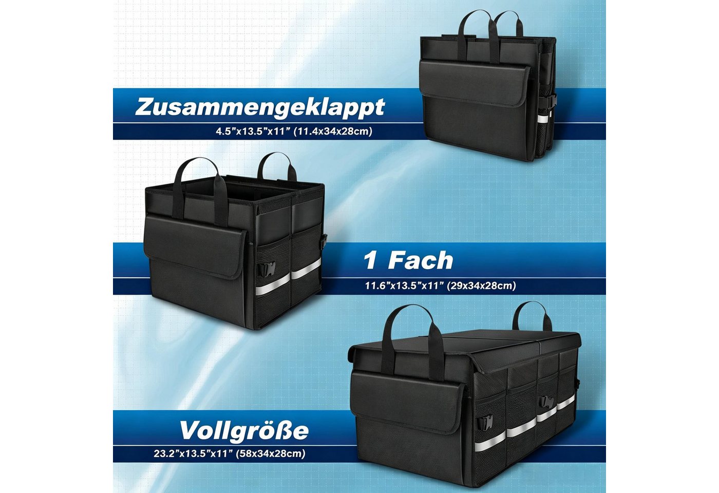 Kityhome Klappbox Auto-Faltbox mit Deckel Kofferraum-Box,60L Kofferraum Organizer, 60 l, 4 seitliche Netztaschen,1 große Seitentasche,Herausnehmbare Trennwände Bild 3