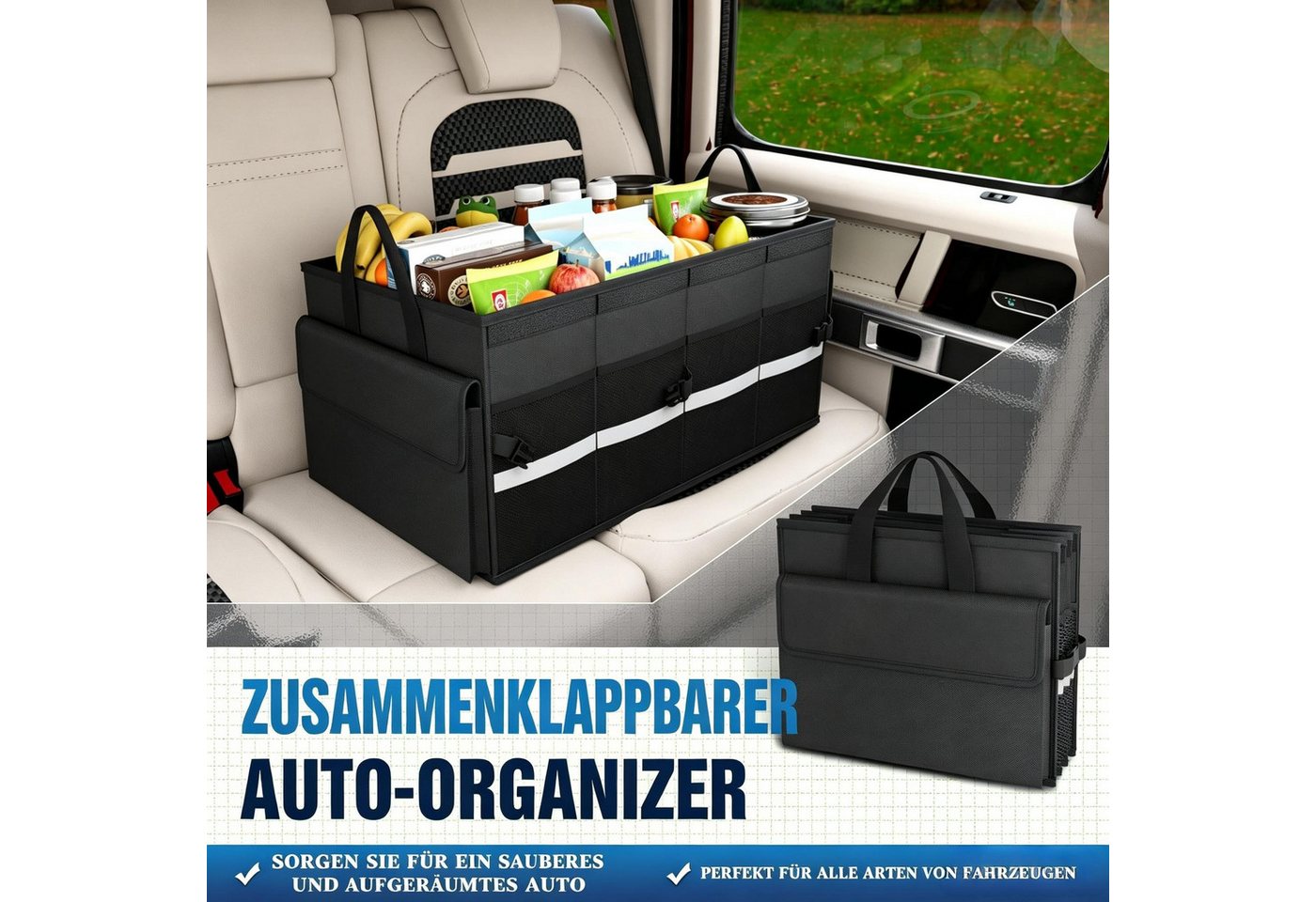 Kityhome Klappbox Auto-Faltbox mit Deckel Kofferraum-Box,60L Kofferraum Organizer, 60 l, 4 seitliche Netztaschen,1 große Seitentasche,Herausnehmbare Trennwände Bild 4