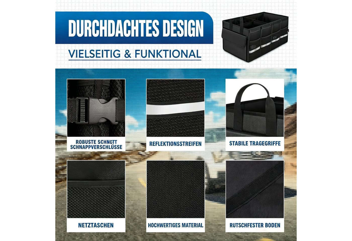 Kityhome Klappbox Auto-Faltbox mit Deckel Kofferraum-Box,60L Kofferraum Organizer, 60 l, 4 seitliche Netztaschen,1 große Seitentasche,Herausnehmbare Trennwände Bild 5
