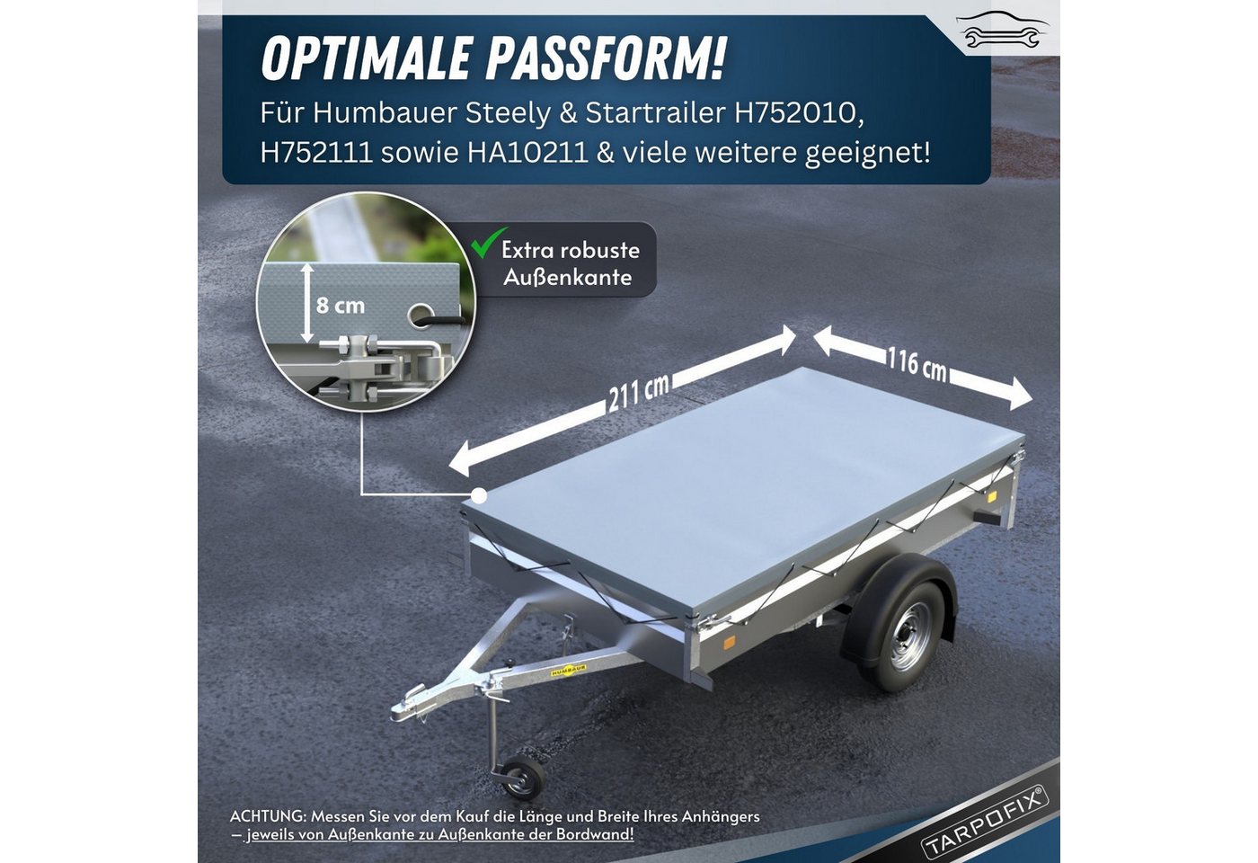 Tarpofix® Schutzplane Tarpofix Anhängerplane 211x116 cm wasserdicht PVC Abdeckplane, Graue Anhänger Abdeckplane, 211x116 cm, PVC