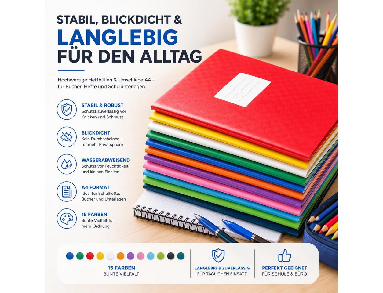 TK Gruppe Schulheft 15x bunte Hefthüllen A4 – Heftumschläge & Heftschoner Blickdicht Bild 4