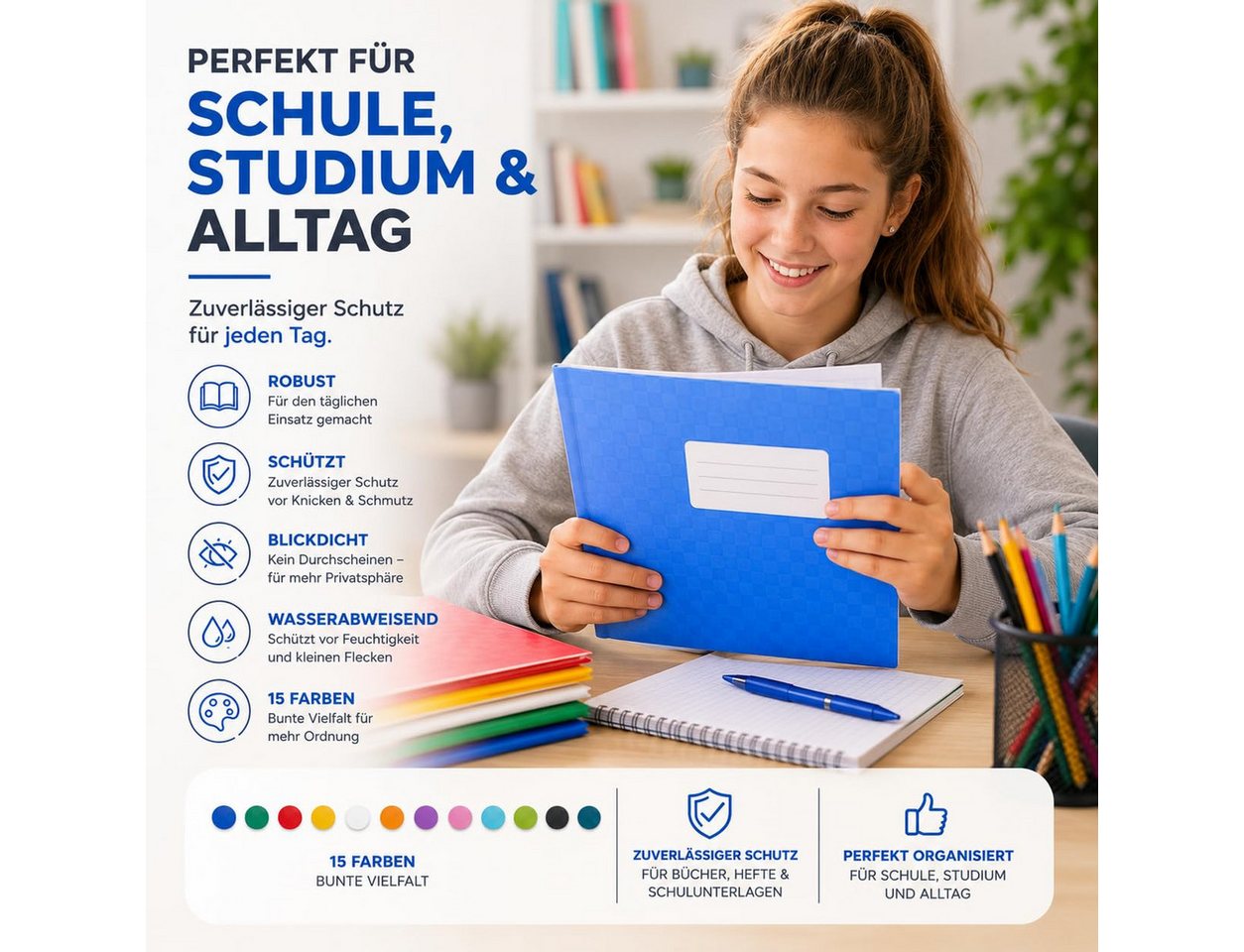 TK Gruppe Schulheft 15x bunte Hefthüllen A4 – Heftumschläge & Heftschoner Blickdicht Bild 5