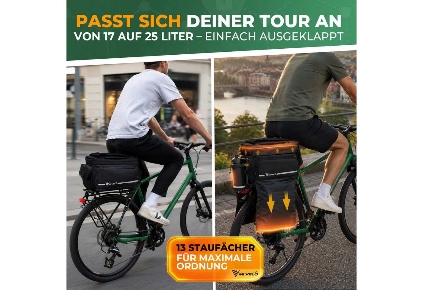 MIVELO Gepäckträgertasche für Fahrrad & E-Bike, wasserabweisend, erweiterbar 17–25 L, 13 Fächer, inkl. Regenüberzug und reflektierenden Elementen