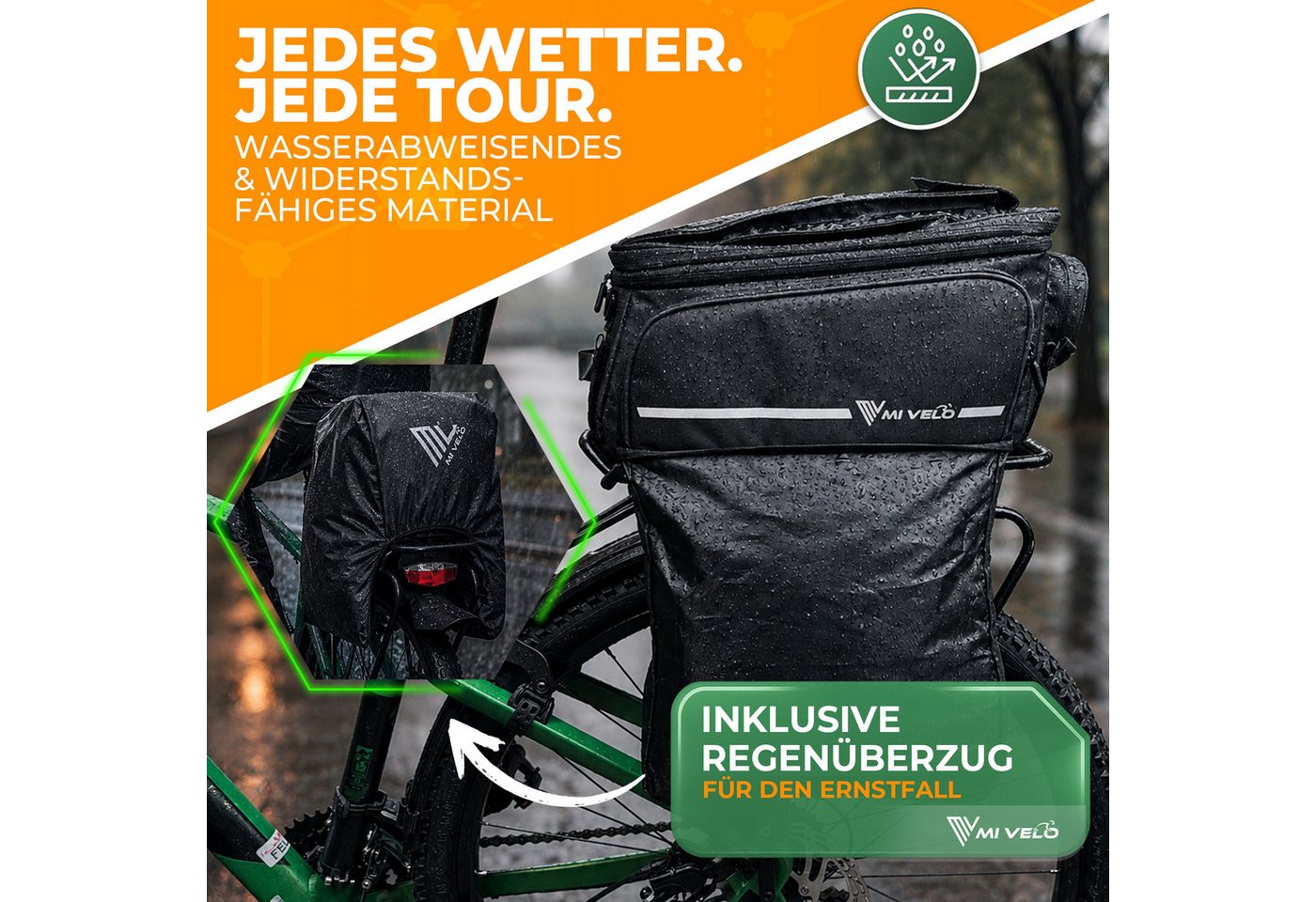 MIVELO Gepäckträgertasche für Fahrrad & E-Bike, wasserabweisend, erweiterbar 17–25 L, 13 Fächer, inkl. Regenüberzug und reflektierenden Elementen Bild 2