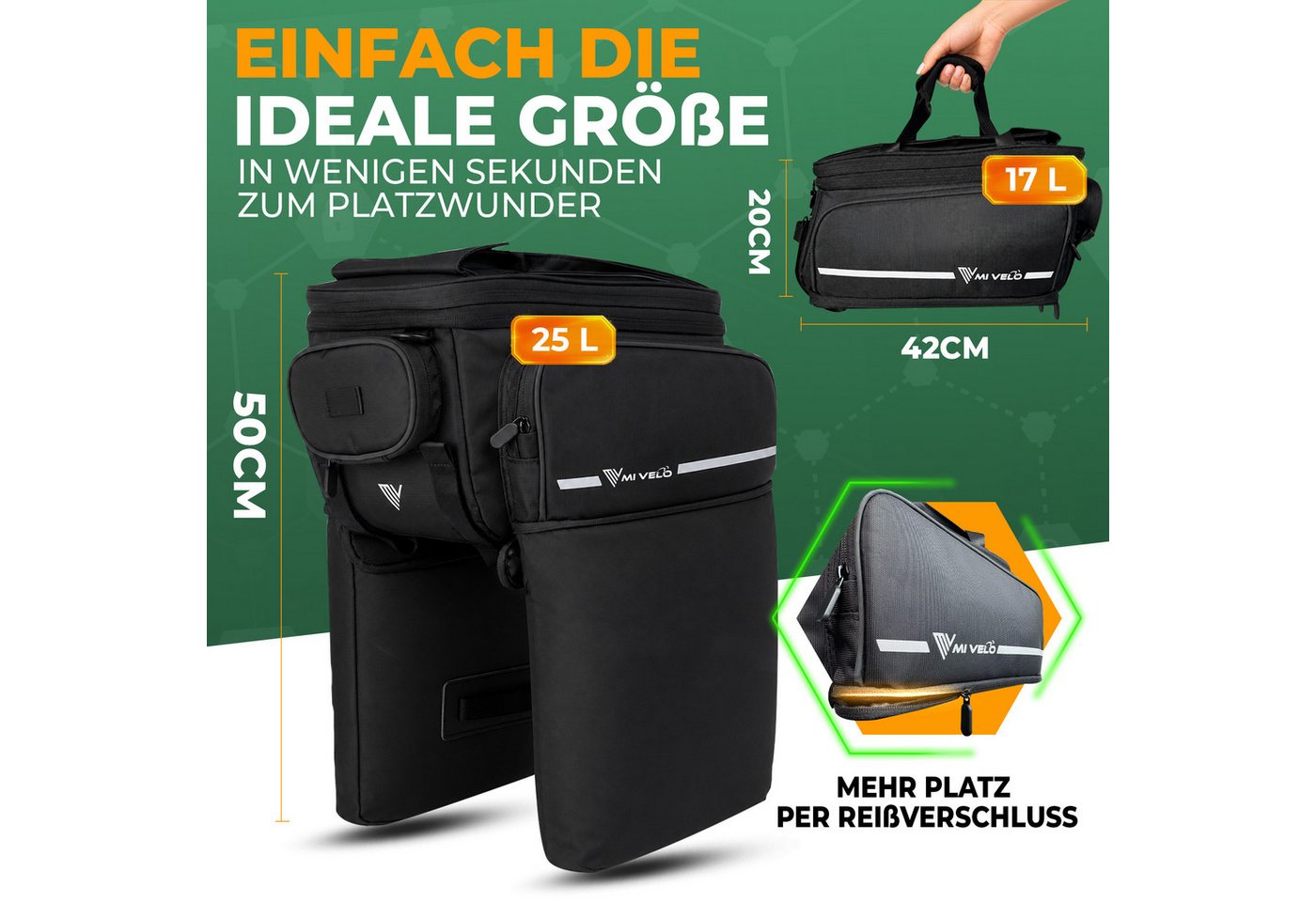 MIVELO Gepäckträgertasche für Fahrrad & E-Bike, wasserabweisend, erweiterbar 17–25 L, 13 Fächer, inkl. Regenüberzug und reflektierenden Elementen Bild 3
