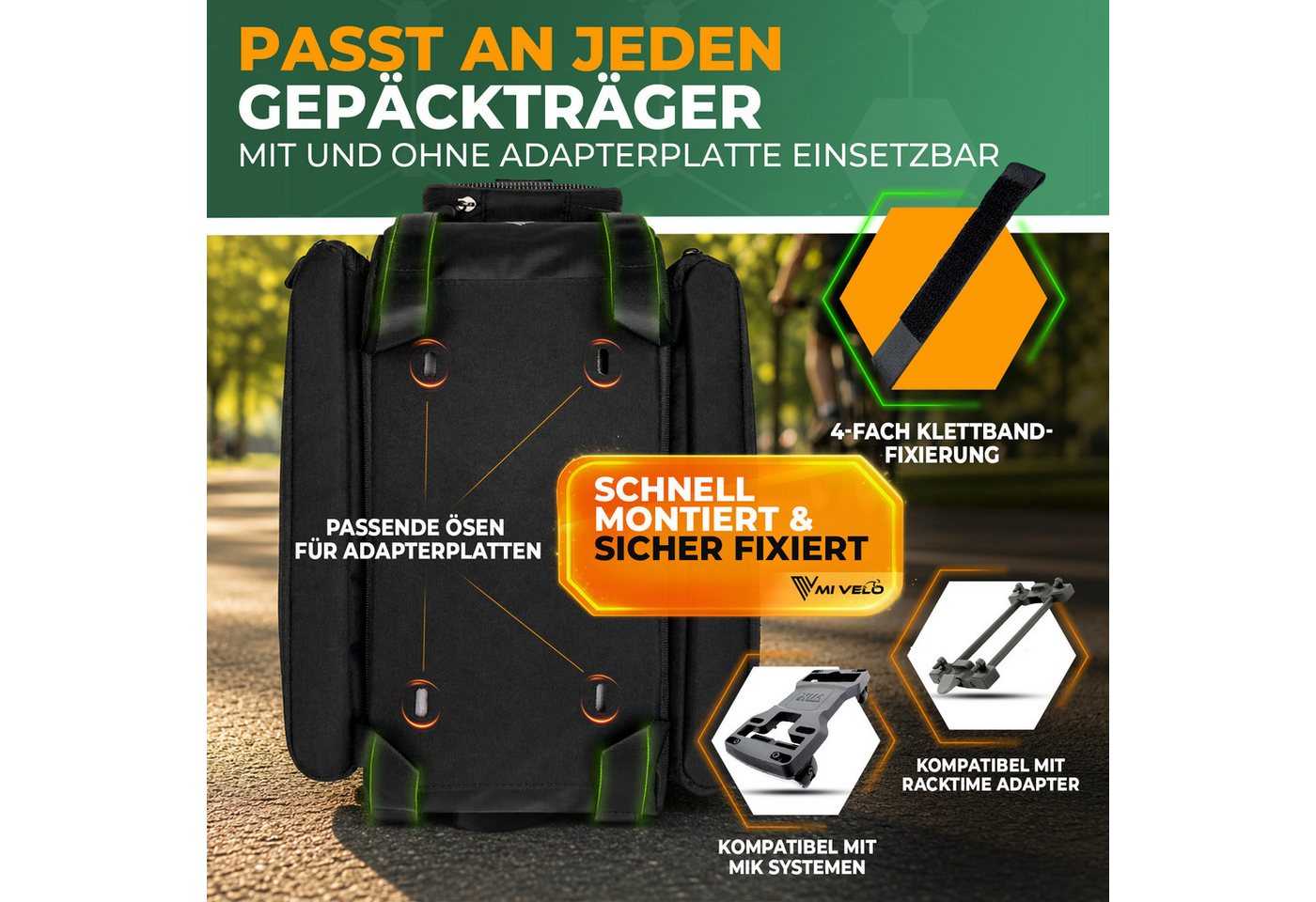 MIVELO Gepäckträgertasche für Fahrrad & E-Bike, wasserabweisend, erweiterbar 17–25 L, 13 Fächer, inkl. Regenüberzug und reflektierenden Elementen Bild 4