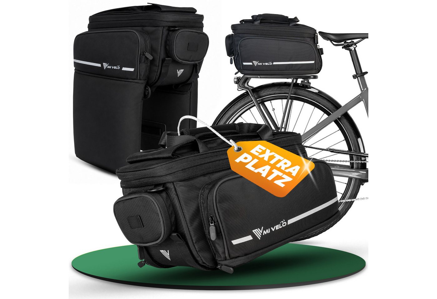 MIVELO Gepäckträgertasche für Fahrrad & E-Bike, wasserabweisend, erweiterbar 17–25 L, 13 Fächer, inkl. Regenüberzug und reflektierenden Elementen Bild 5
