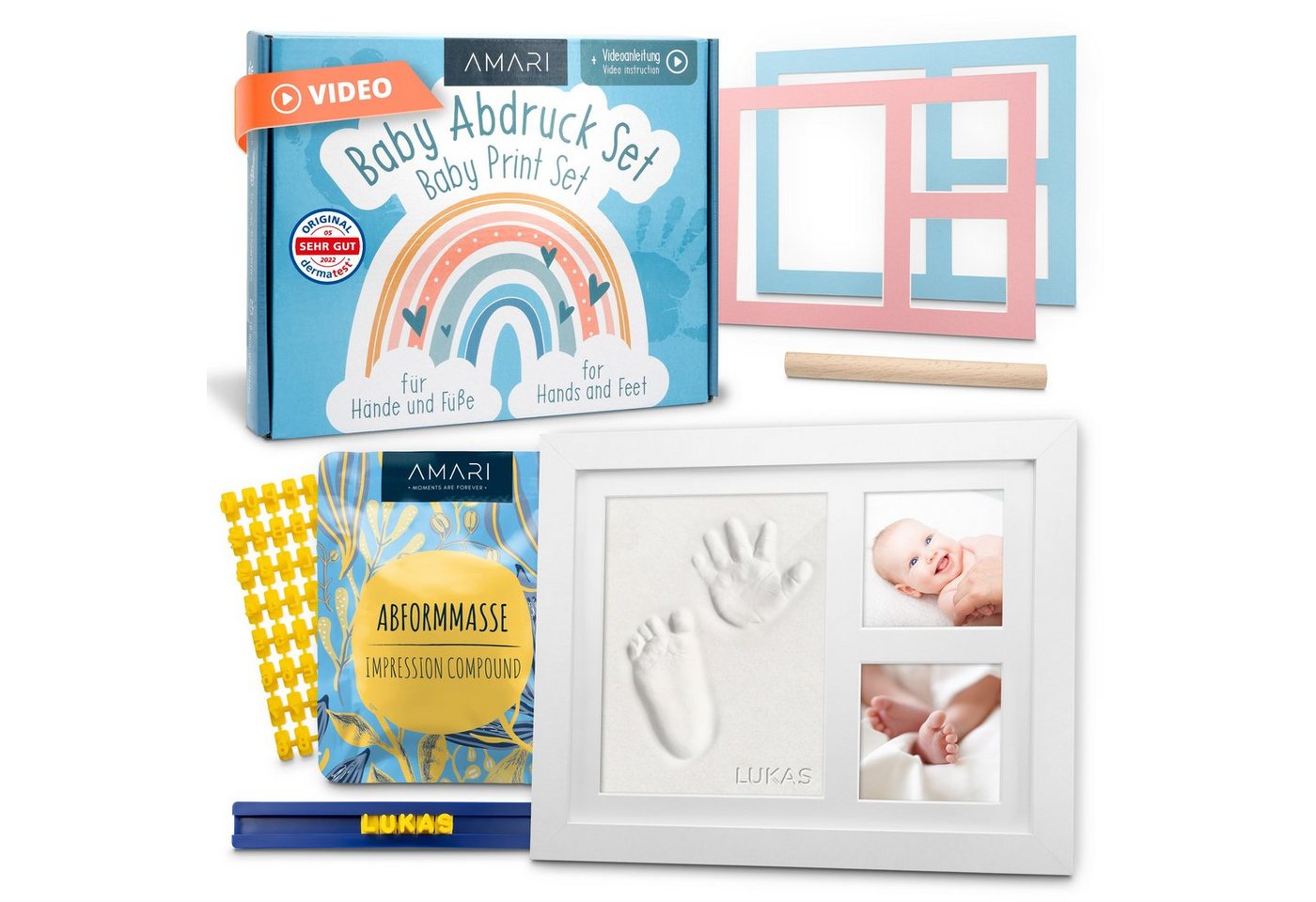 Amari Handabdruck-Set AMARI ® Baby Handabdruck und Fußabdruck Set Rainbow, Bilderrahmen, Liebevolles Design, perfekte Geschenkverpackung