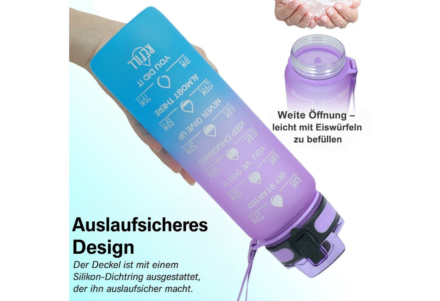 CHICFURN Trinkflasche 946 ml mit abnehmbarem Strohhalm, Zeitmarkierung BPA-freiem Tritan, Auslaufsichere Sportflasche für Fitness, Alltag & Outdoor-Aktivitäten Bild 3