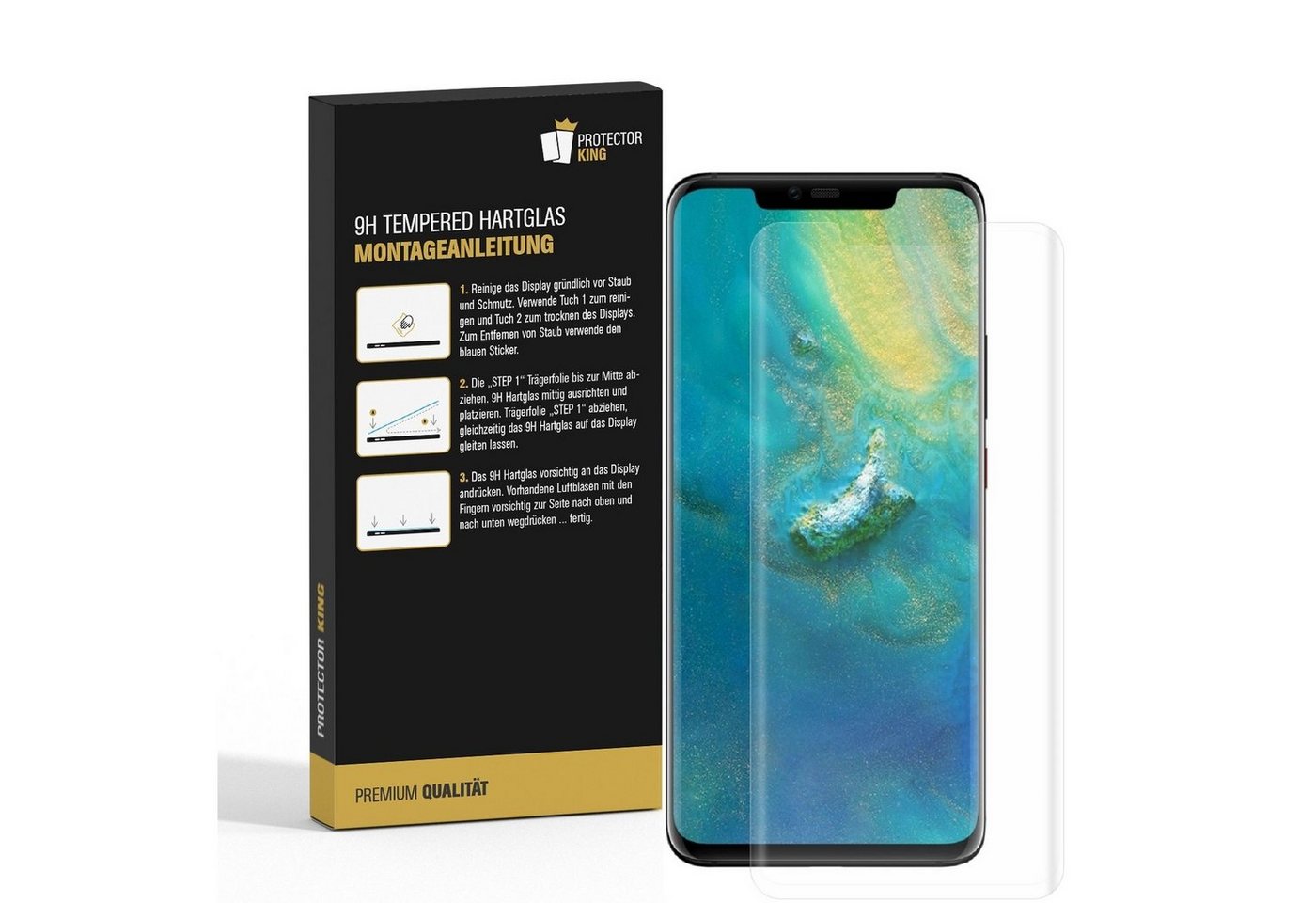 Protectorking Schutzfolie 1x 9H Panzerglas für Huawei Mate 20 Pro FULL CURVED HD KLAR echtes, (1-Stück), Displayschutzglas, Schutzglas Echtglas Tempered 9H Härte HD-KLAR