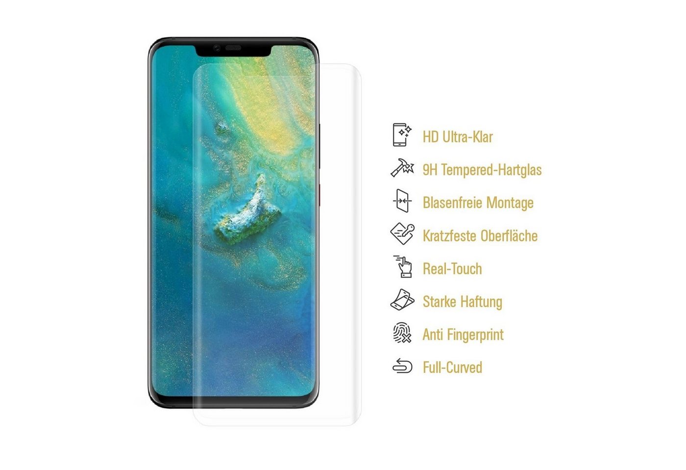 Protectorking Schutzfolie 1x 9H Panzerglas für Huawei Mate 20 Pro FULL CURVED HD KLAR echtes, (1-Stück), Displayschutzglas, Schutzglas Echtglas Tempered 9H Härte HD-KLAR Bild 3
