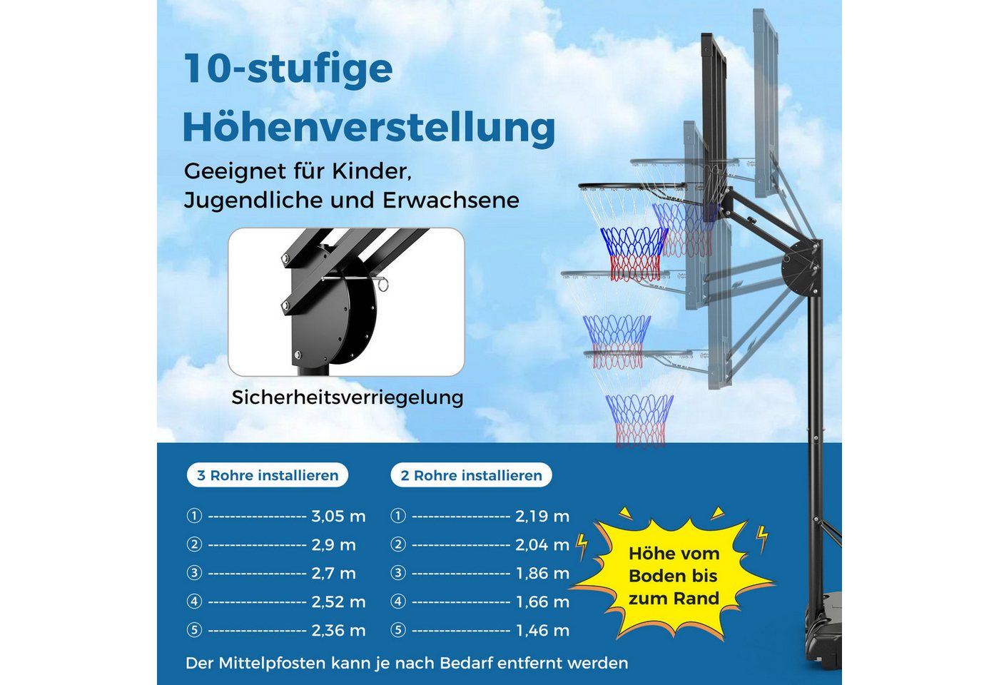 COSTWAY Basketballständer, Basketballkorb 149-305cm höhenverstellbar