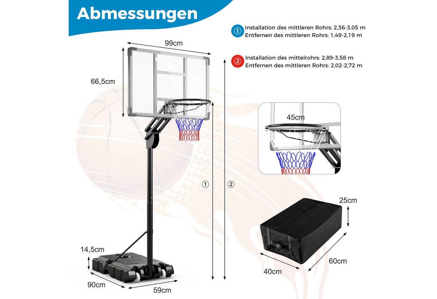 COSTWAY Basketballständer, Basketballkorb 149-305cm höhenverstellbar Bild 5