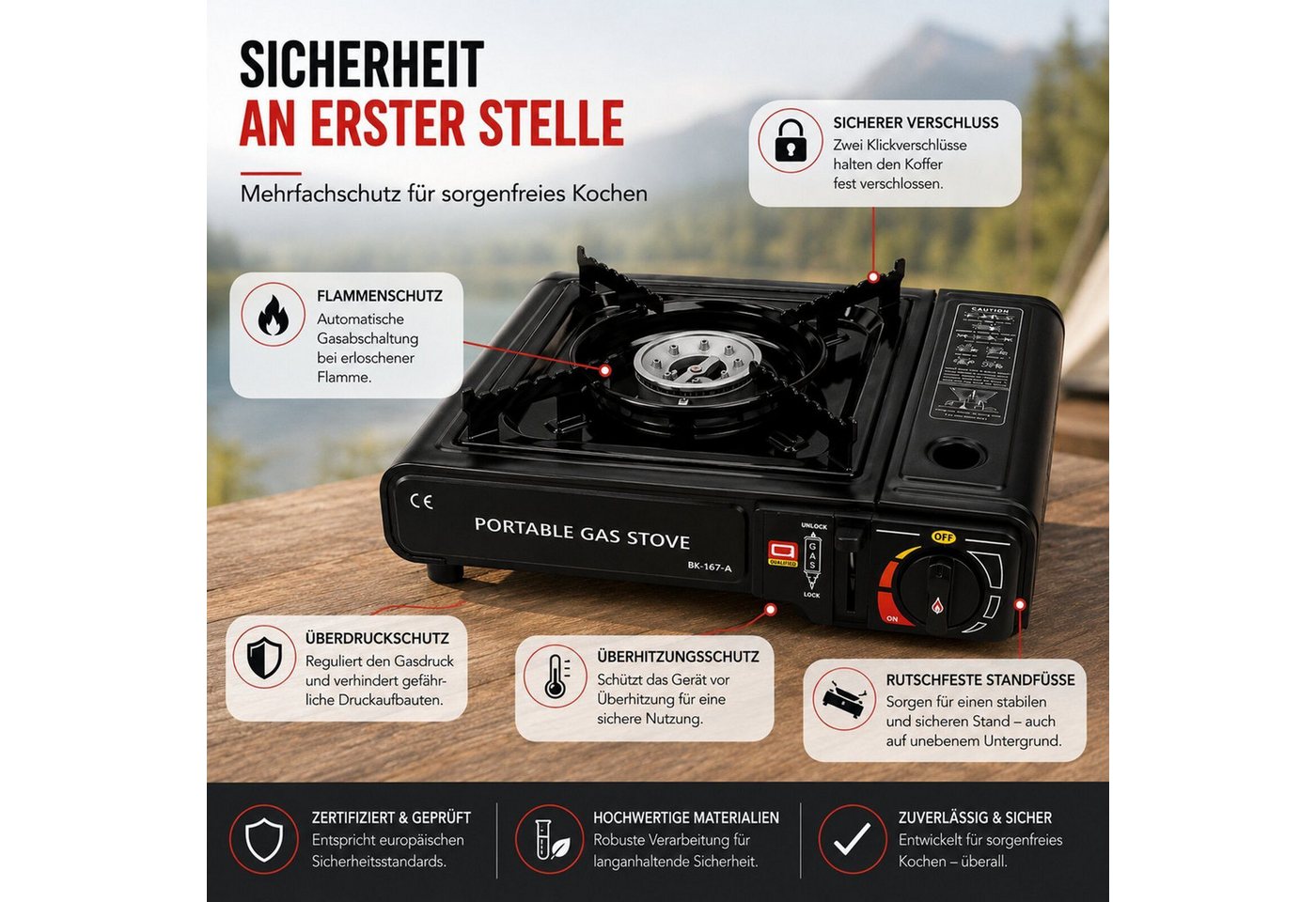 Ertex Gaskocher Campingkocher Gasherd portabel Campingherd mit Koffer & Gaskartuschen