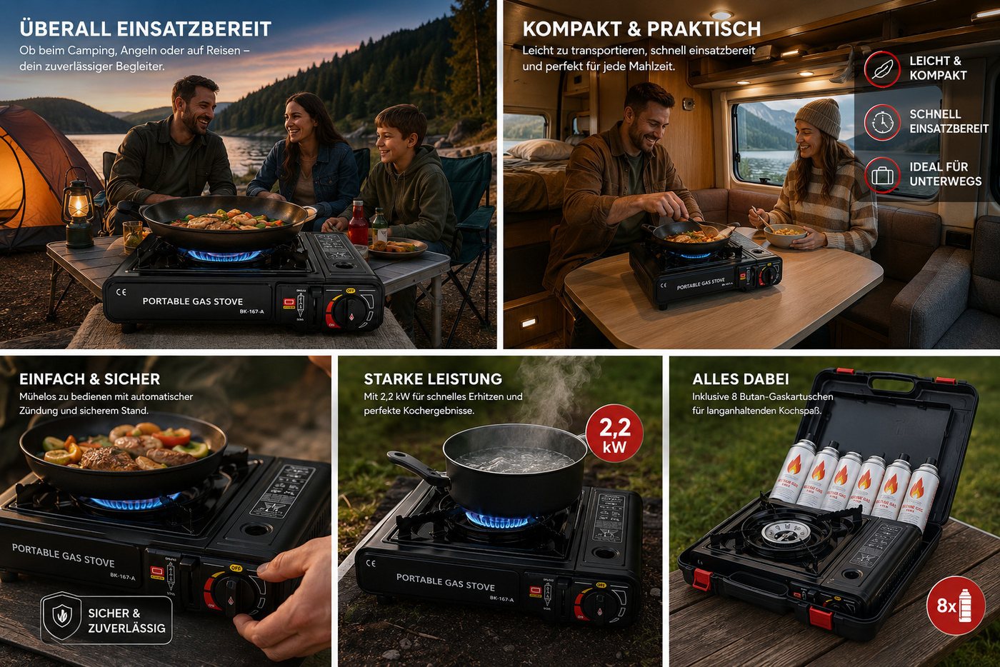Ertex Gaskocher Campingkocher Gasherd portabel Campingherd mit Koffer & Gaskartuschen Bild 2