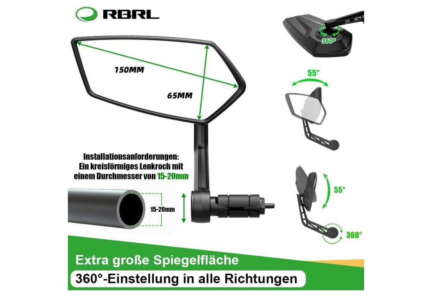 LuxusKollektion Fahrradspiegel Fahrradspiegel Extra Große für E-Bike Universal Rückspiegel Bar End Bild 4