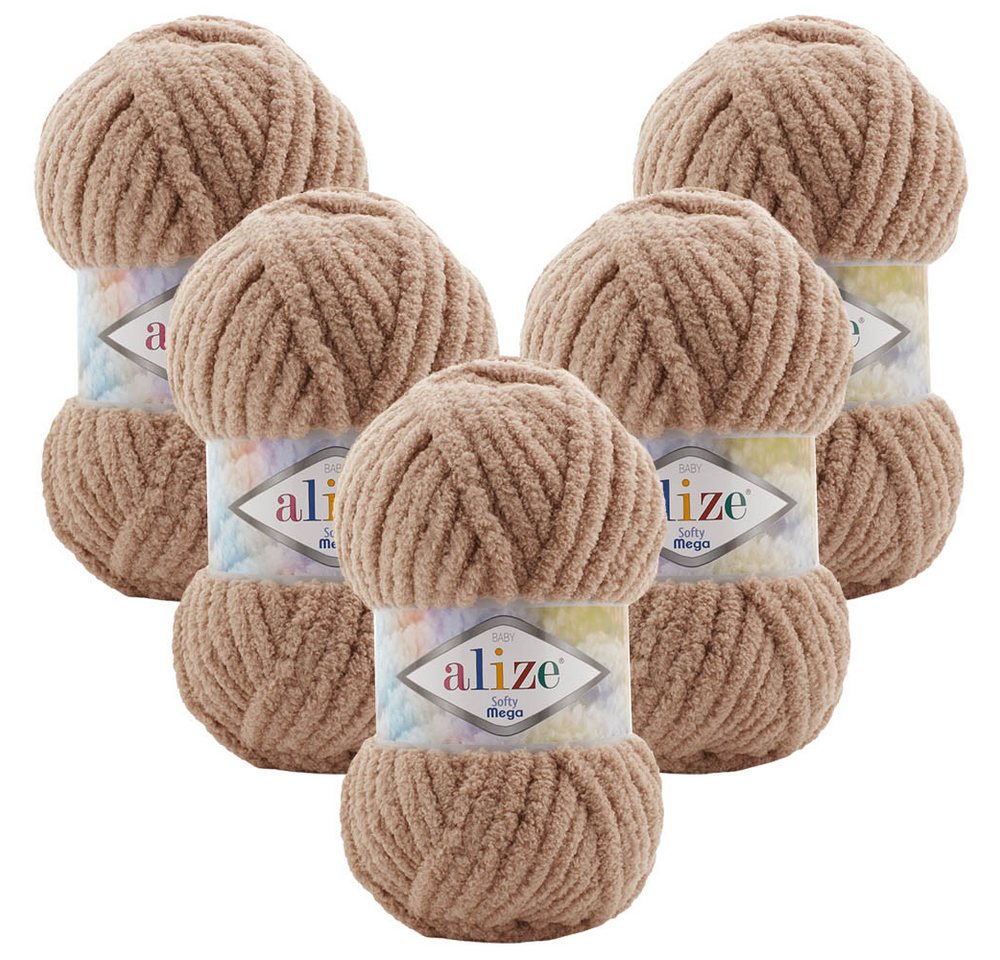 Alize 5 x ALIZE Softy Mega Häkelwolle, 70 m, Babywolle, flauschig,Plüsch,bulky,weiches Garn