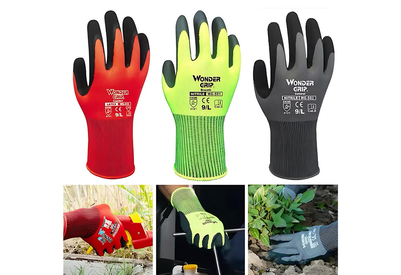 Wonder Grip Arbeitshandschuhe 3 Paar Gartenhandschuhe Nitril Damen/Herren Schnittschutz atmungsaktiv